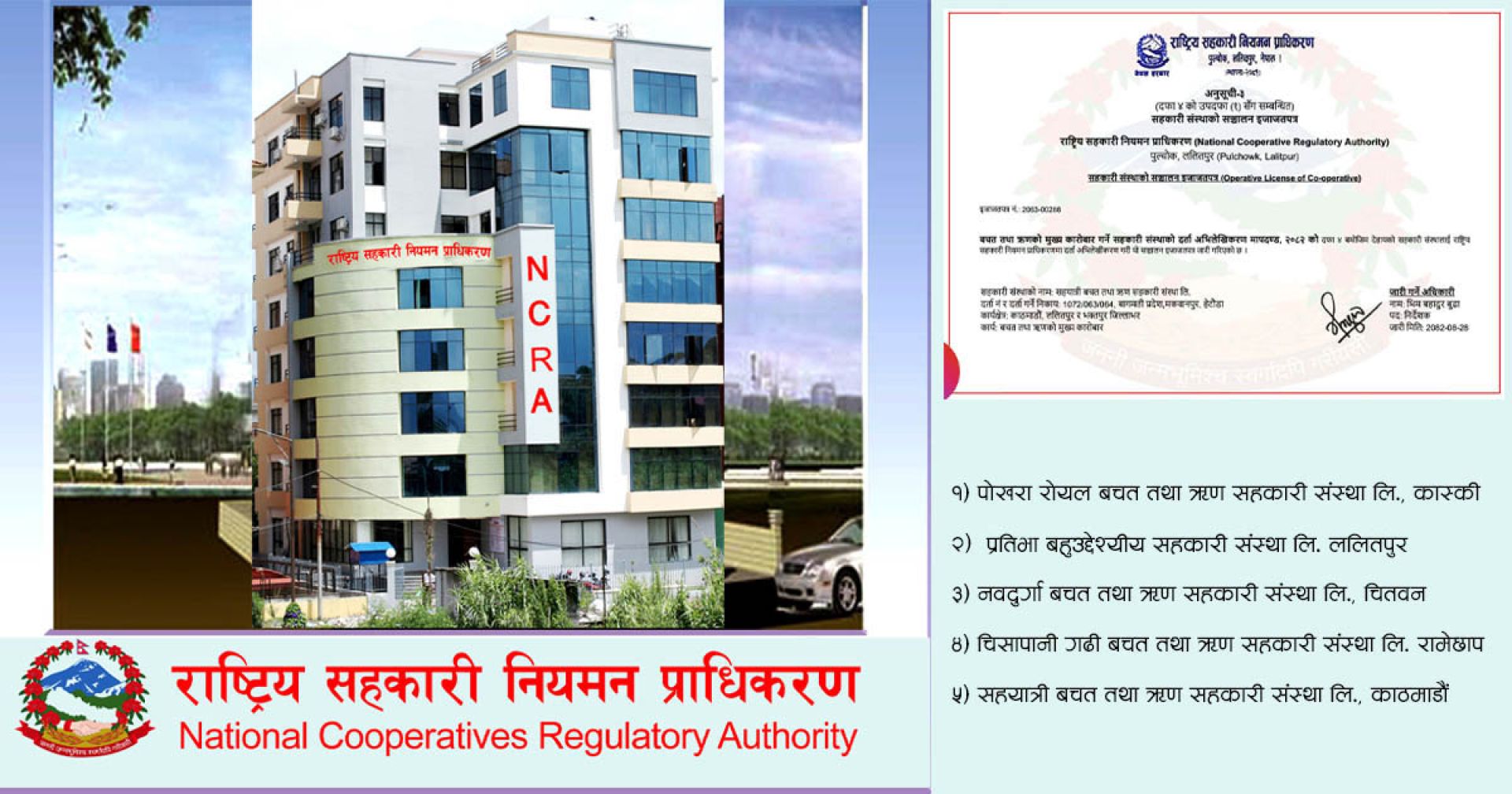 पाँच सहकारीले पाए प्राधिकरणबाट सञ्चालन इजाजतपत्र